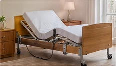 Cama articulada elétrica com comando, num quarto